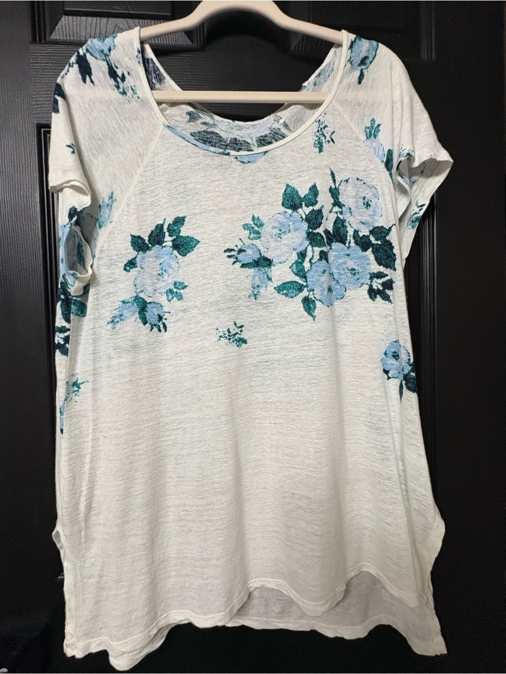 Lucky Brand Floral Print Short Sleeve Women’s Top in White and Teal
